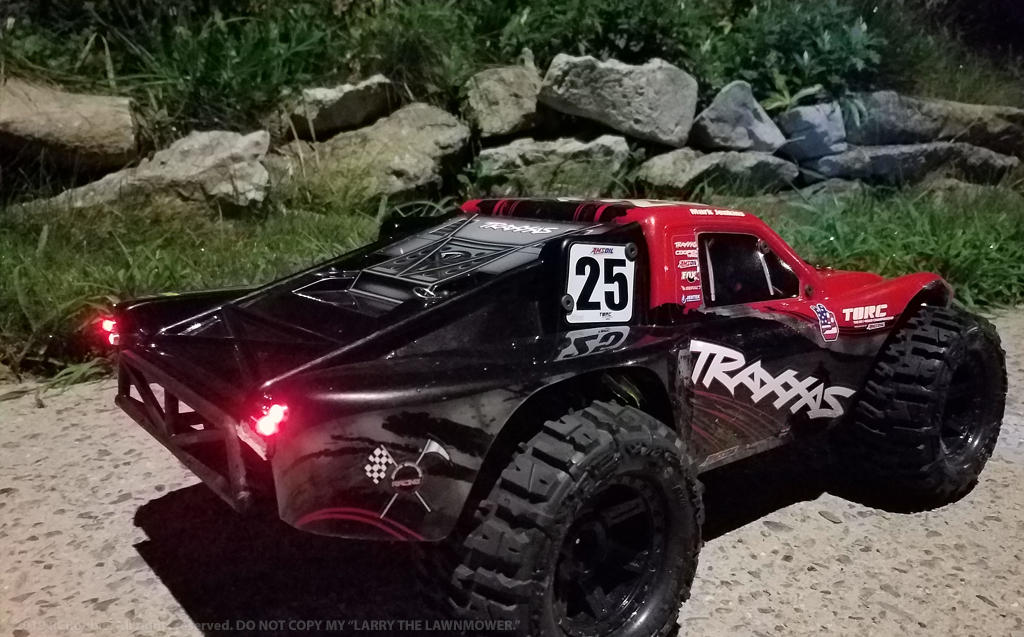 URCG Edition - Traxxas Slash 4x4 TSM OBA - Mark Jenkins, ProLine Trencher Tires - named Larry The Lawnmower (rear view)