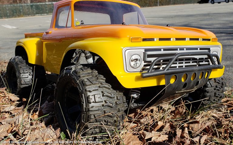 URCG Edition - Traxxas Slash 4x4, ProLine body - Yellow Ford 66 F-100, ProLine Trencher Tires - named Mac 'n' Cheese (front view)