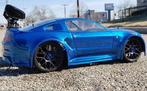 URCG Edition - Traxxas Slash 4x4, Delta Plastik USA body - Royal Blue Ford Mustang, Sweep Racing Tires - named Mustang Sally (side view)