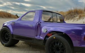 URCG Edition - Traxxas Slash 4x4, JConcepts body - Purple Ford 99 Lightning, ProLine Prime Tires - named Purple Lightning (side view)