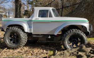 URCG Edition - Traxxas Slash 4x4, ProLine body - White Ford 66 F-100, ProLine Trencher Tires - named Spearmint (side view)