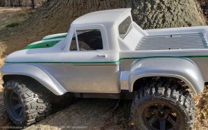 URCG Edition - Traxxas Slash 4x4, ProLine body - White Ford 66 F-100, ProLine Trencher Tires - named Spearmint (side view)