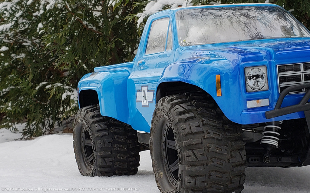 URCG Edition - Traxxas Slash 4x4, JConcepts body - Blue Chevy 78 C-10, ProLine Trencher Tires - named Winter Beater (front view)