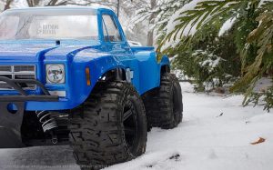 URCG Edition - Traxxas Slash 4x4, JConcepts body - Blue Chevy 78 C-10, ProLine Trencher Tires - named Winter Beater (side view)