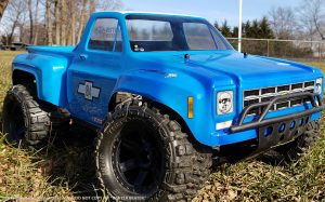 URCG Edition - Traxxas Slash 4x4, JConcepts body - Blue Chevy 78 C-10, ProLine Trencher Tires - named Winter Beater (front view)