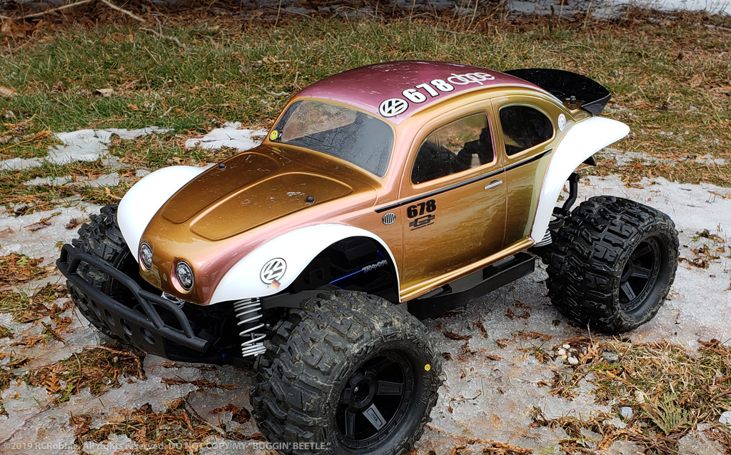 URCG Edition - Traxxas Slash 4x4, Pro-Line body - Iridescent Pink/Gold, Anodized Pink Aluminum Roof, and white fendered Volkswagen Beetle, Proline Trencher Tires - named Buggin' Beetle