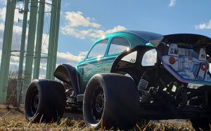URCG Edition - Traxxas Slash 4x4, Pro-Line body - Iridescent Purple/Green, Anodized Silver Aluminum Roof, and black fendered Volkswagen Beetle, Proline Prime Tires - named Green Street