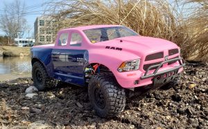 URCG Edition - Traxxas Slash 4x4, ProLine body - Pink and Blue 2013 RAM 1500, ProLine BFGoodrich Baja Tires - named Molly