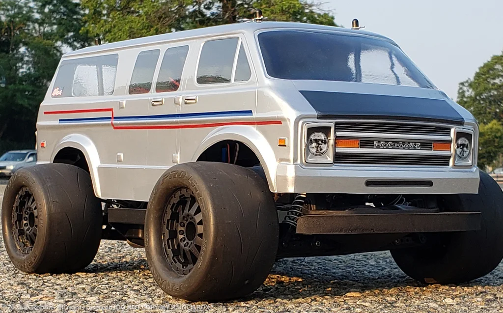URCG Edition - Traxxas Slash 4x4, Proline body - Silver with Red and Blue Pinstripes 1970's Chevy Van, ProLine Prime Tires - named LUNCH ROX