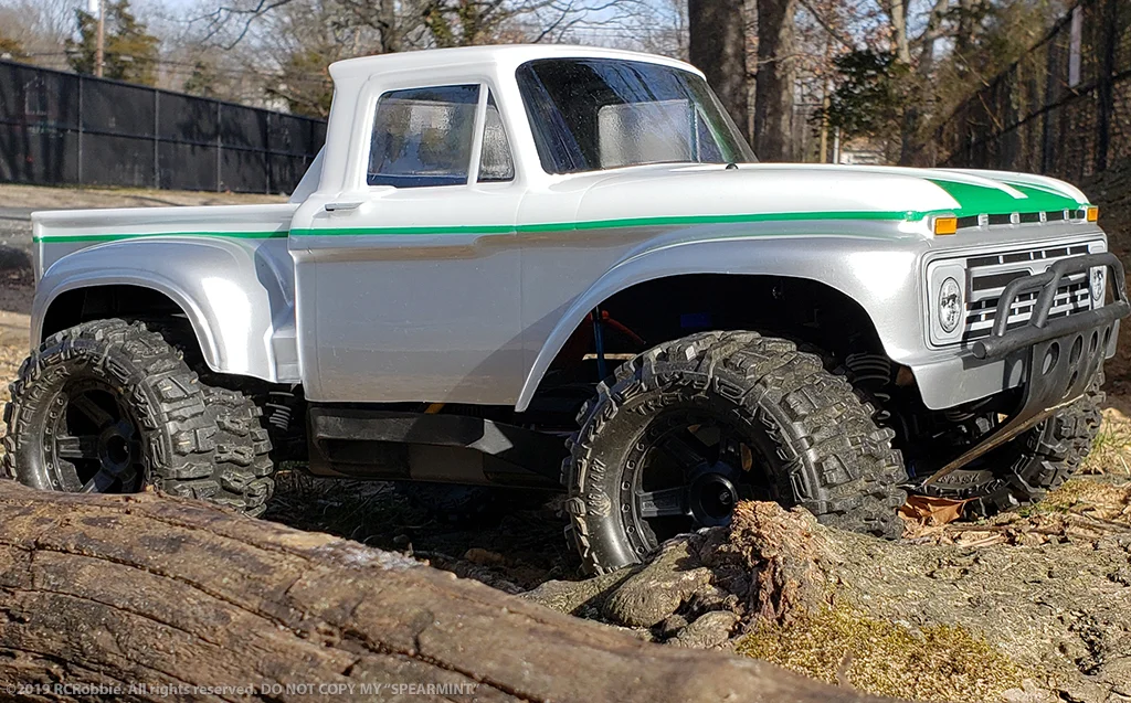 URCG Edition - Traxxas Slash 4x4, ProLine body - White Ford 66 F-100, ProLine Trencher Tires - named Spearmint (side view)