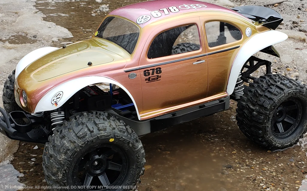 URCG Edition - Traxxas Slash 4x4, Pro-Line body - Iridescent Pink/Gold, Anodized Pink Aluminum Roof, and white fendered Volkswagen Beetle, Proline Trencher Tires - named Buggin' Beetle