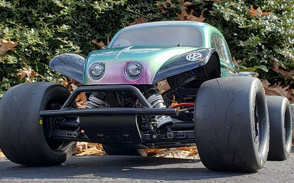 URCG Edition - Traxxas Slash 4x4, Pro-Line body - Iridescent Purple/Green, Anodized Silver Aluminum Roof, and black fendered Volkswagen Beetle, Proline Prime Tires - named Green Street