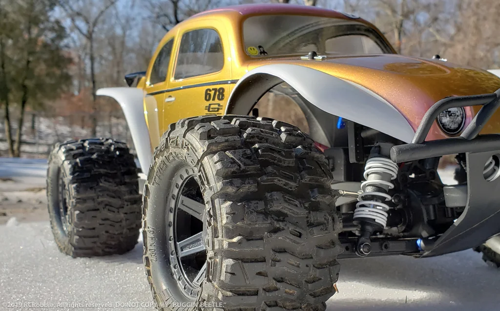 URCG Edition - Traxxas Slash 4x4, Pro-Line body - Iridescent Pink/Gold, Anodized Pink Aluminum Roof, and white fendered Volkswagen Beetle, Proline Trencher Tires - named Buggin' Beetle