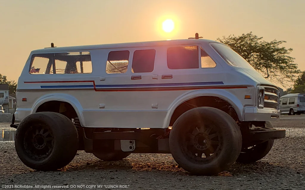 URCG Edition - Traxxas Slash 4x4, Proline body - Silver with Red and Blue Pinstripes 1970's Chevy Van, ProLine Prime Tires - named LUNCH ROX