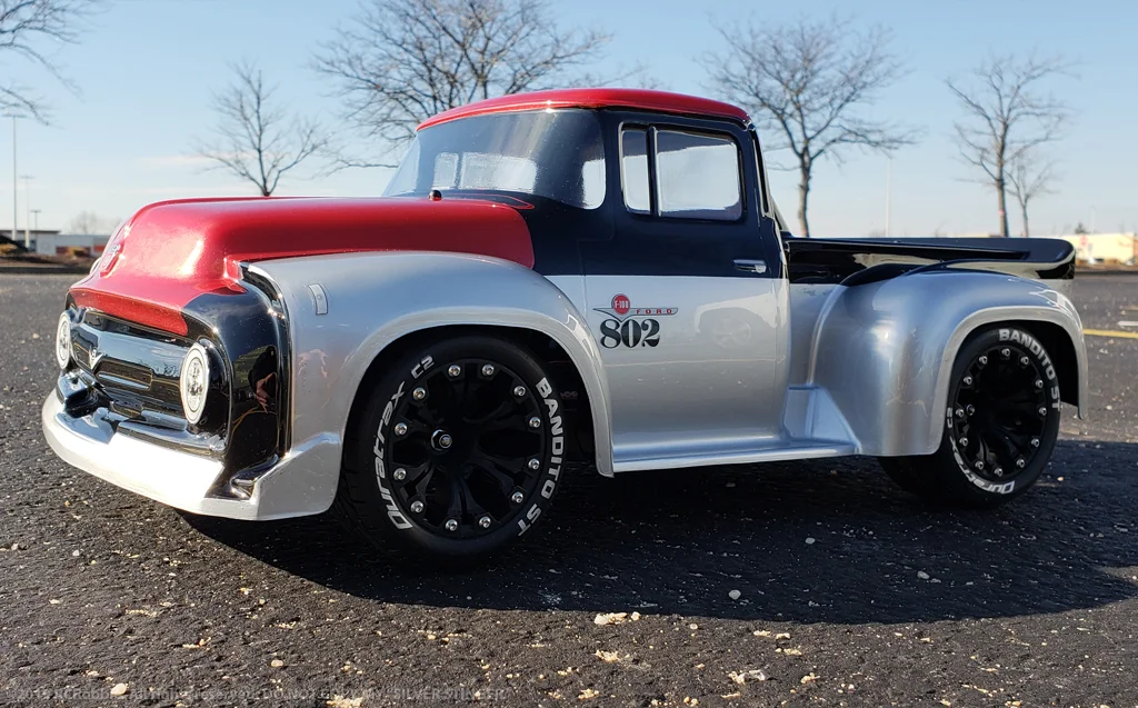 URCG Edition - Traxxas Slash 4x4, ProLine body - Silver Ford 56 F-100, Duratrax Bandito Tires - named Silver Stinger (side view)