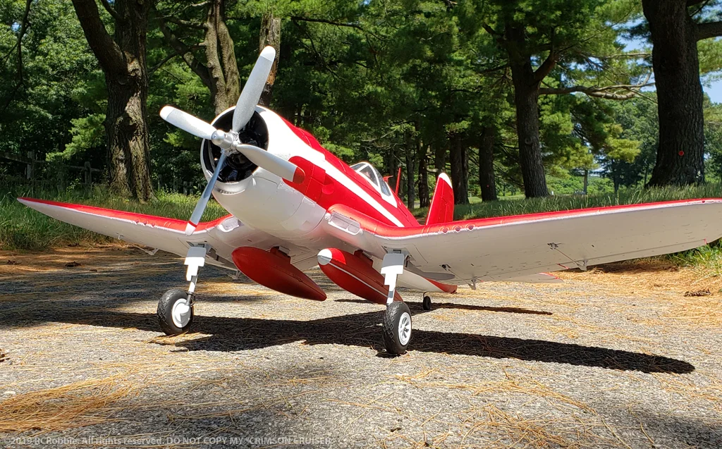 URCG Edition - E-flite RC Vought F4U Corsair 4-Blade Propeller BNF - Crimson Red, White Racing Livery, White belly with Racing Livery - named Crimson Cruiser