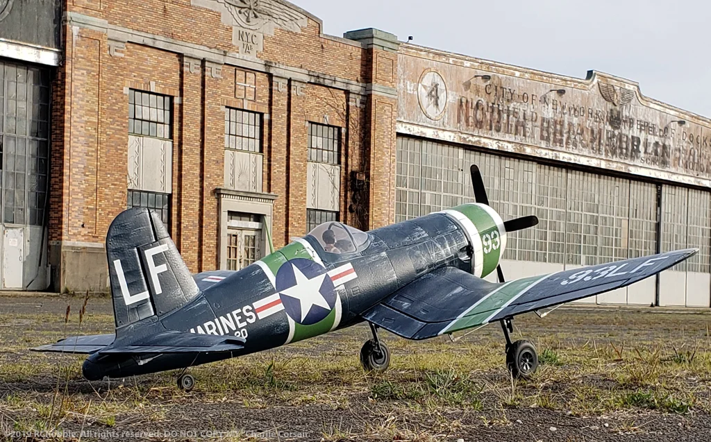 URCG Edition - E-flite RC Navy Vought F4U Corsair 4-Blade Propeller BNF - Navy Blue, Light Green, White with detailed Pilot Training Livery - named Charlie
