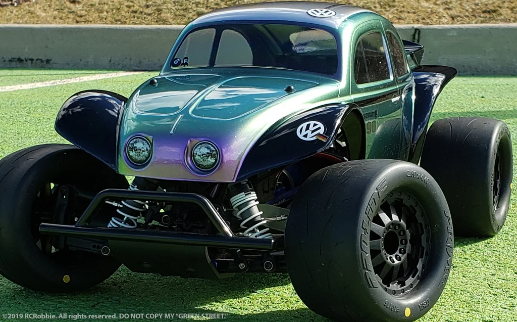 URCG Edition - Traxxas Slash 4x4, Pro-Line body - Iridescent Purple/Green, Anodized Silver Aluminum Roof, and black fendered Volkswagen Beetle, Proline Prime Tires - named Green Street