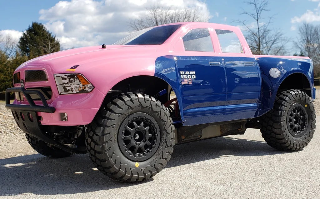 URCG Edition - Traxxas Slash 4x4, ProLine body - Pink and Blue 2013 RAM 1500, ProLine BFGoodrich Baja Tires - named Molly
